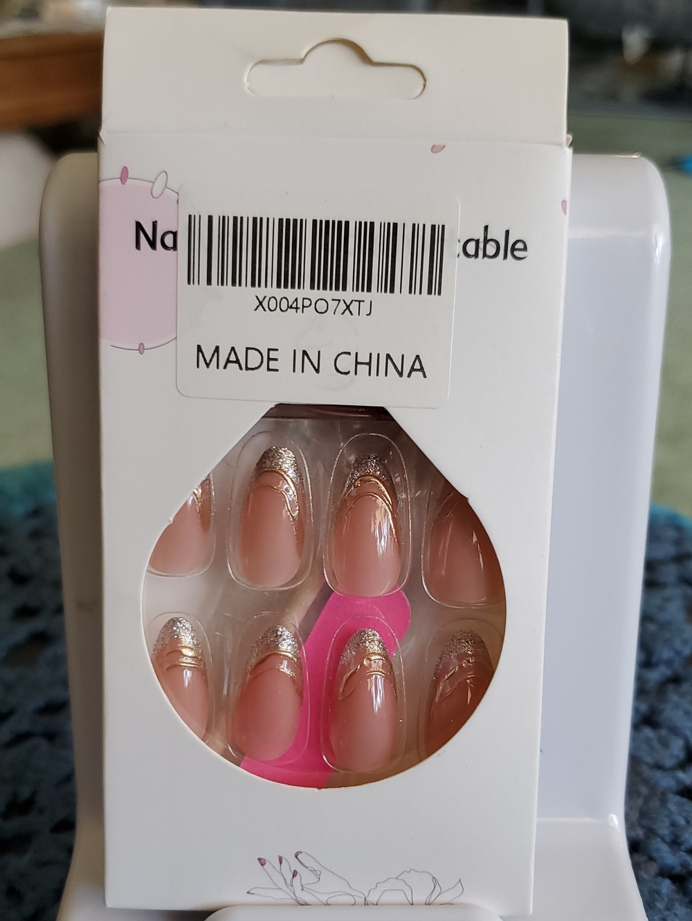 False Nail Set with Gold Accent Nude Pink Finish #15